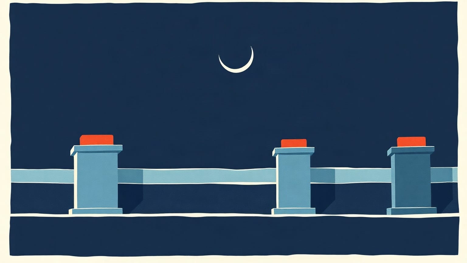 Cut-paper illustration: a rooftop line of chimney pots under a thin crescent moon.