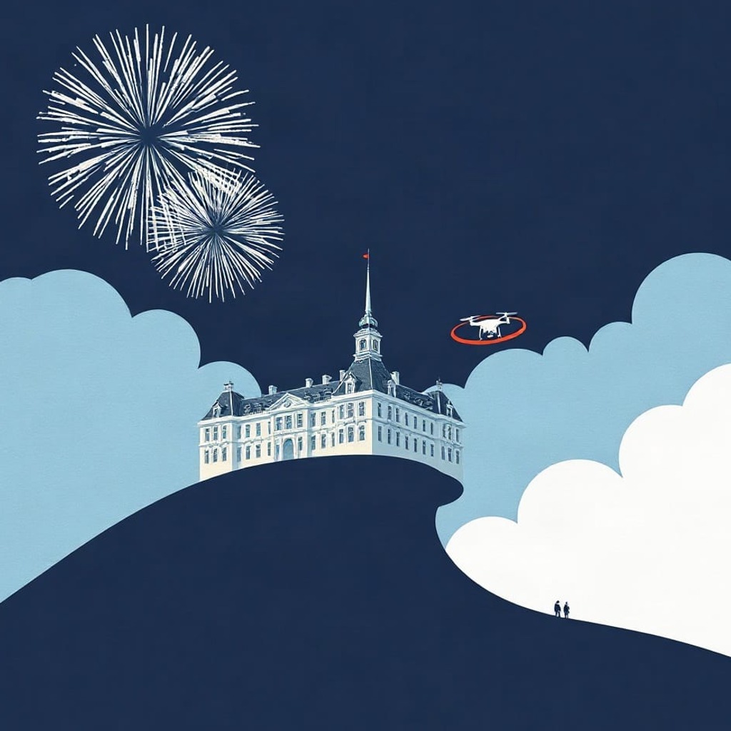 A white palace with a spire on top of a dark hill, two white fireworks bursting in the navy sky and a small drone hovering beside it