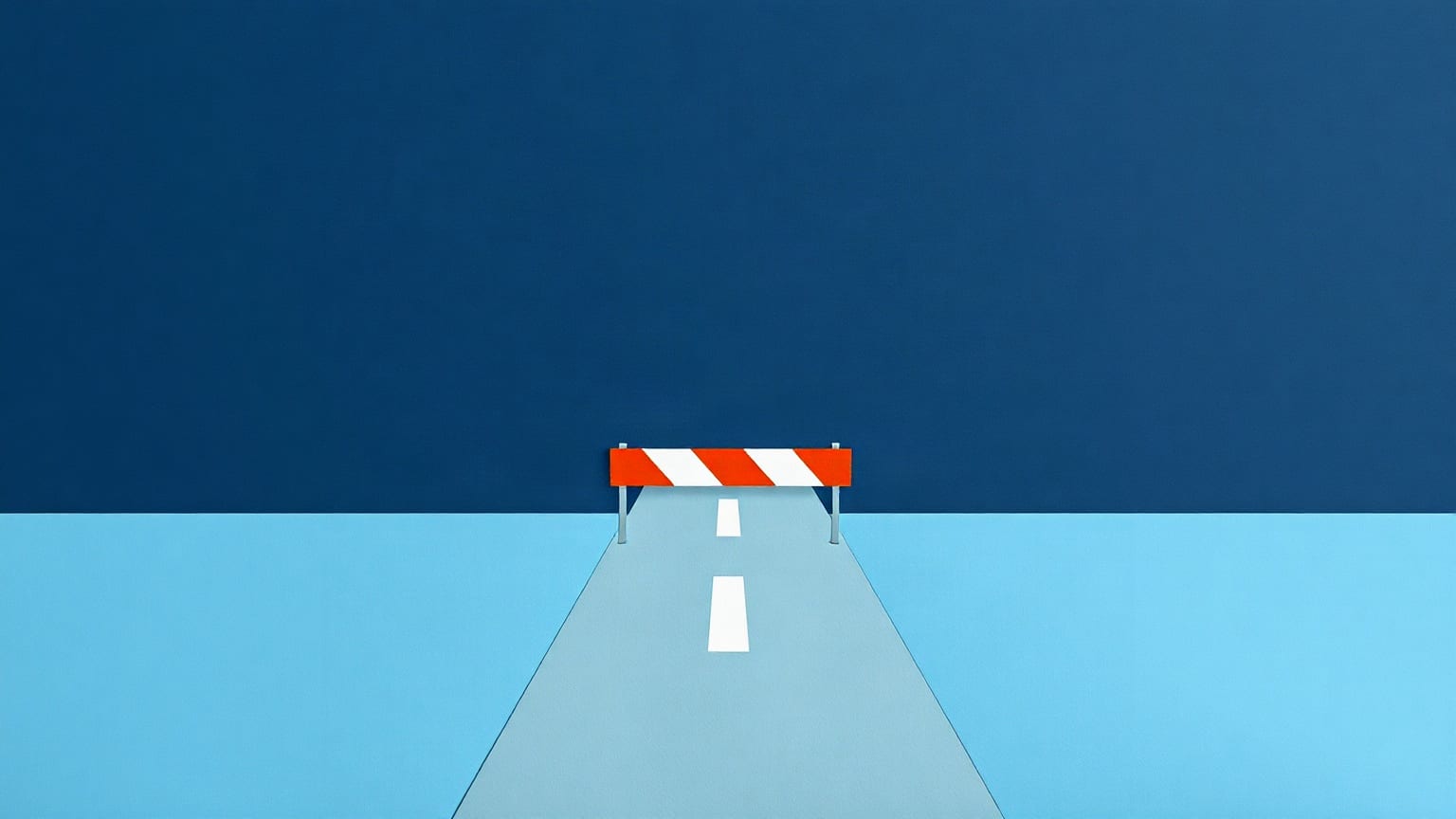 Three parallel route lines in cut paper, two broken by gaps with a barrier across one