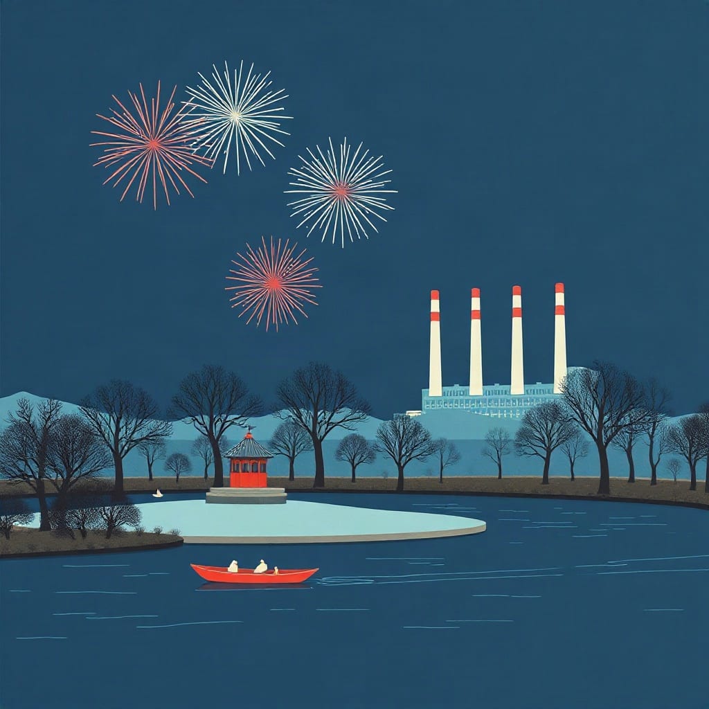 Fireworks over a park lake with a small red pavilion and bare trees, a rowing boat in front and four white chimneys of a power station in the distance