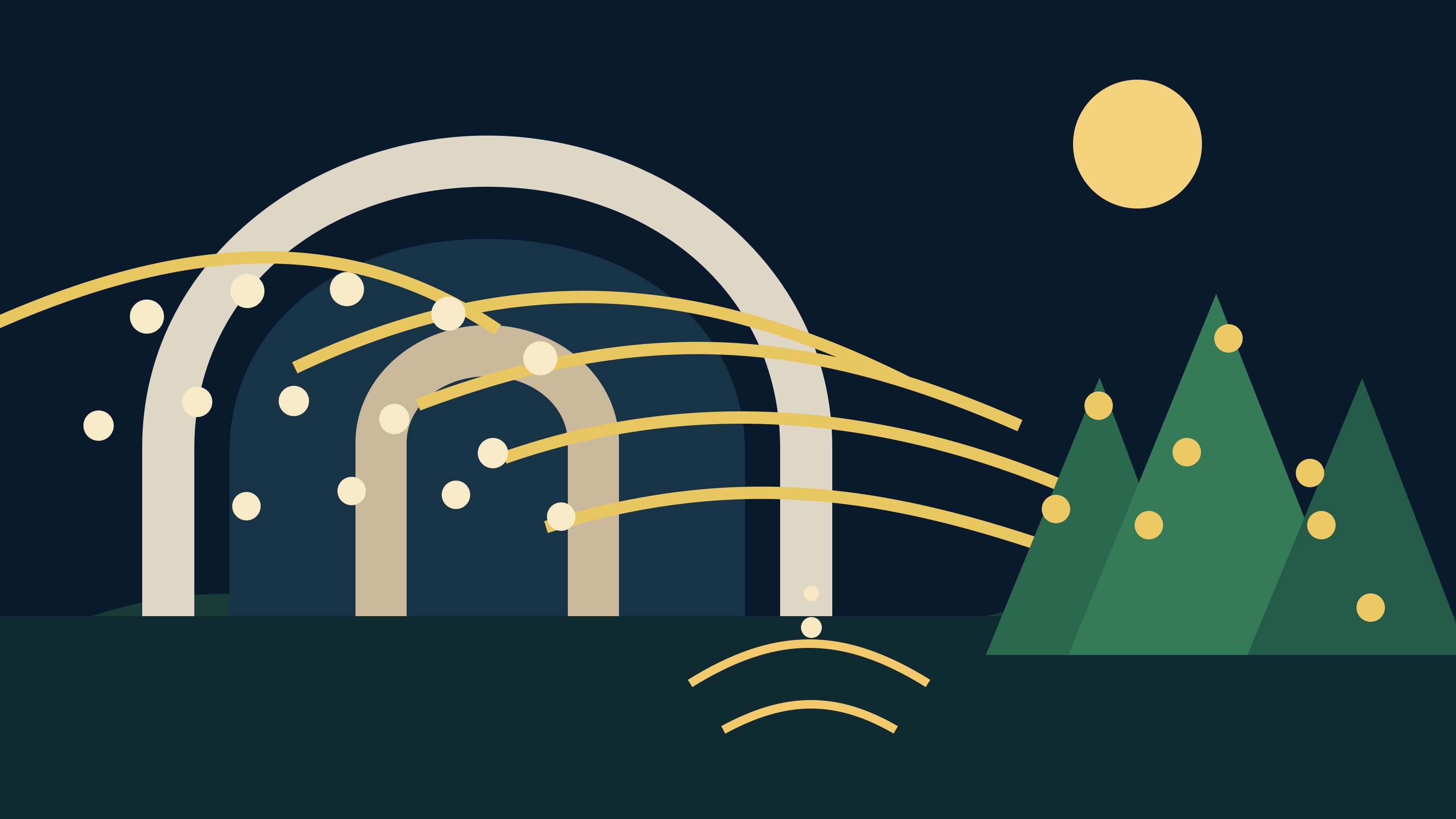 A glowing paper greenhouse arch, strings of warm lights and illuminated trees against a winter night