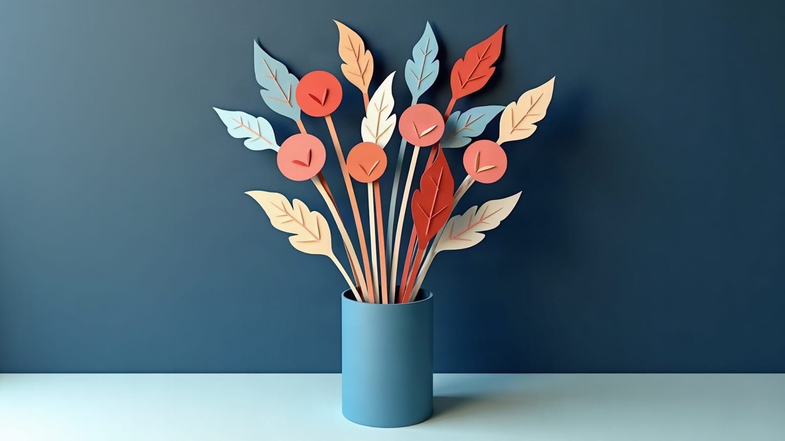 A tall bunch of cut paper stems and leaf shapes standing in a plain cylinder vase on an empty ground