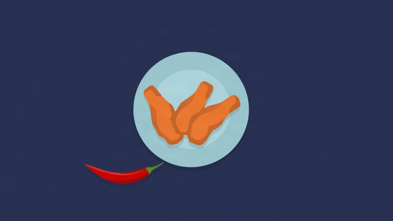 Three chicken wings on a pale blue plate with a red chilli beside it, on a navy ground