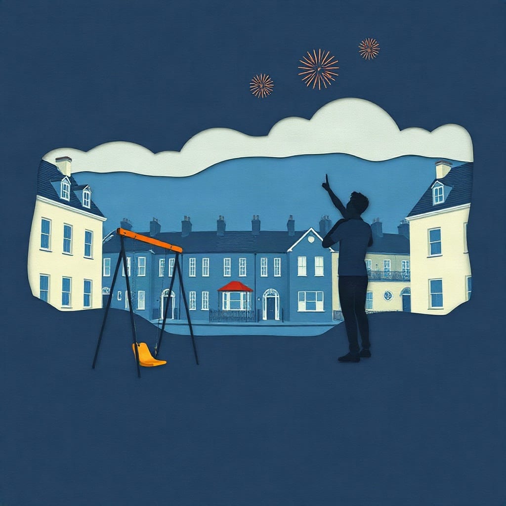 A swing set in a square of Georgian houses at dusk, an adult pointing up at small fireworks above the rooftops