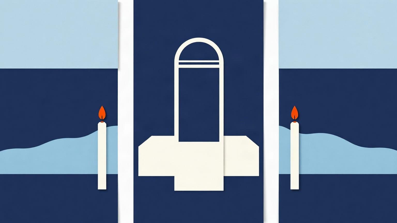 A tall white cut-paper upright with a rounded arched top standing between two pale vertical panels, a lit candle either side with a small red flame, on a deep navy ground