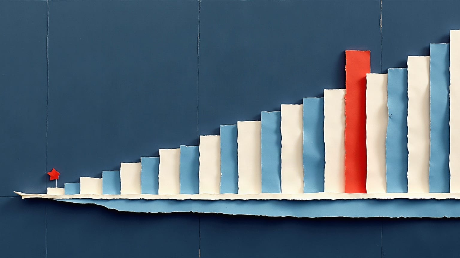 Torn paper bars rising steadily from left to right, one of them red, a long wedge tapering away beneath them
