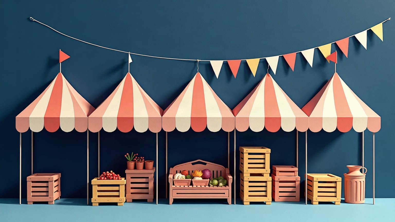 Paper market stalls with awnings and crates on a navy ground
