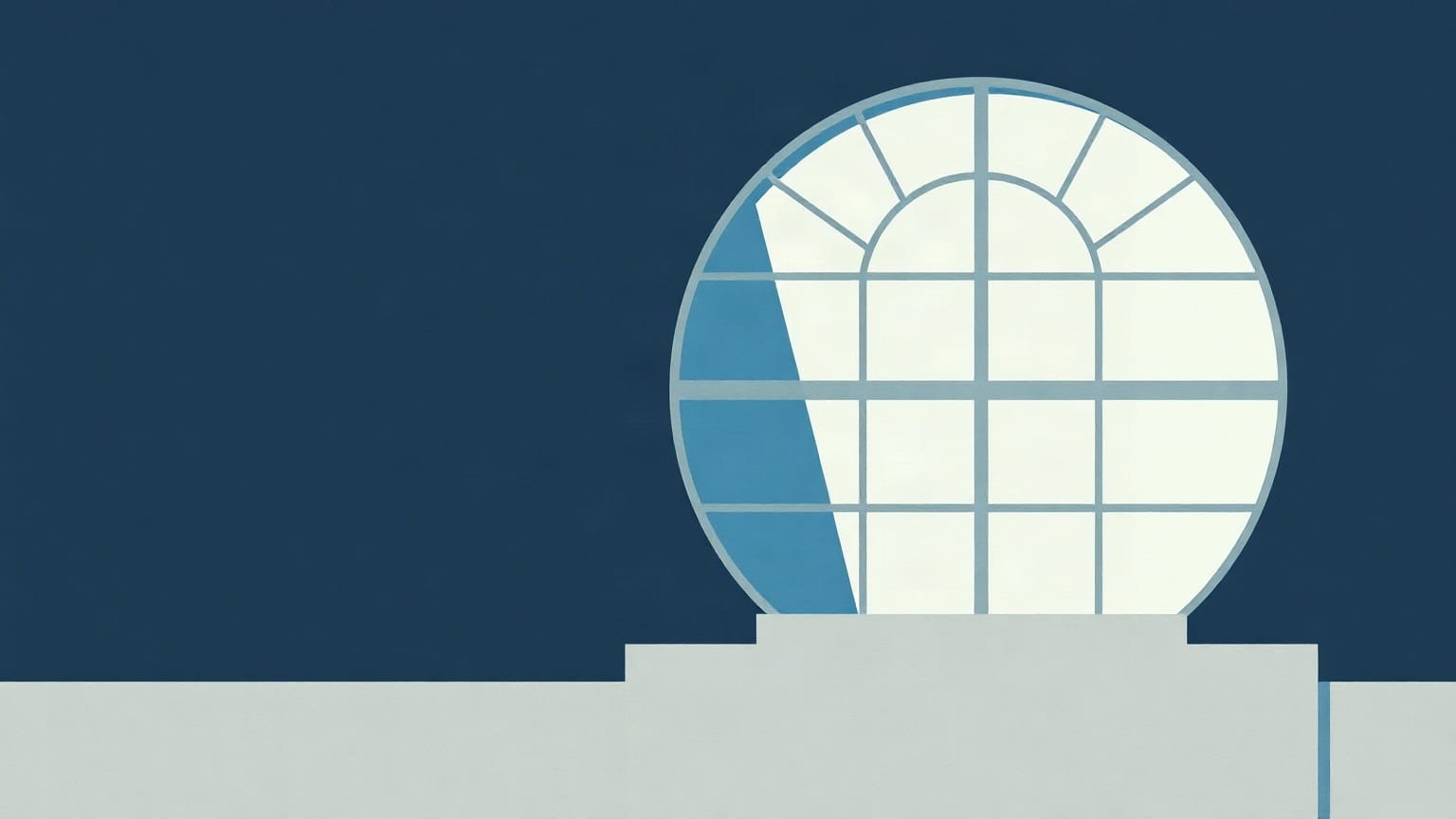 A large circular window divided into panes, lit pale, above a stepped pale block on a deep blue ground