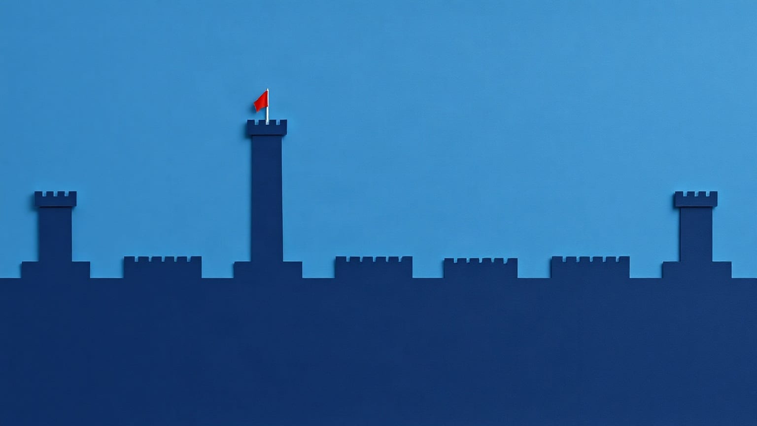 A dark blue crenellated roofline with three towers of different heights rising from it, the tallest carrying a small red flag