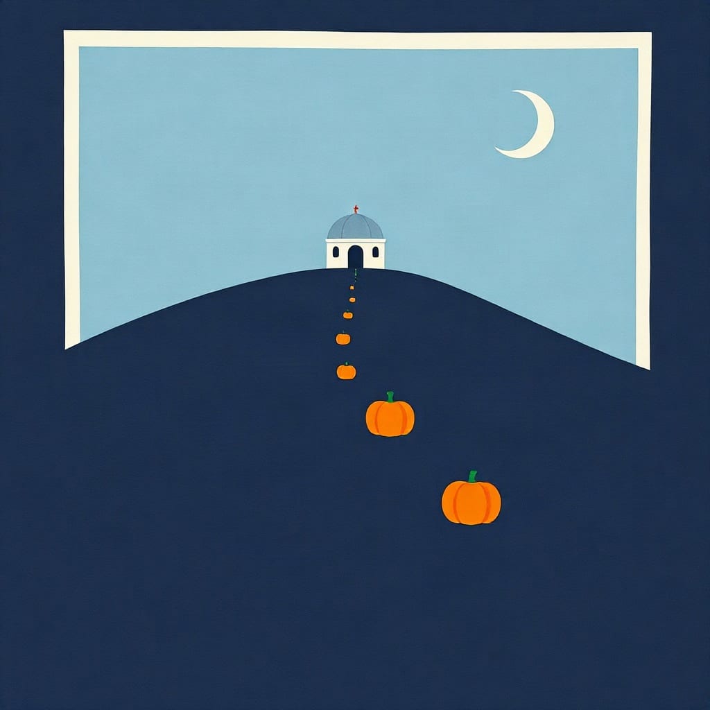 A small white domed building on top of a dark hill, a line of orange pumpkins leading down from it, a pale crescent moon in a light blue sky