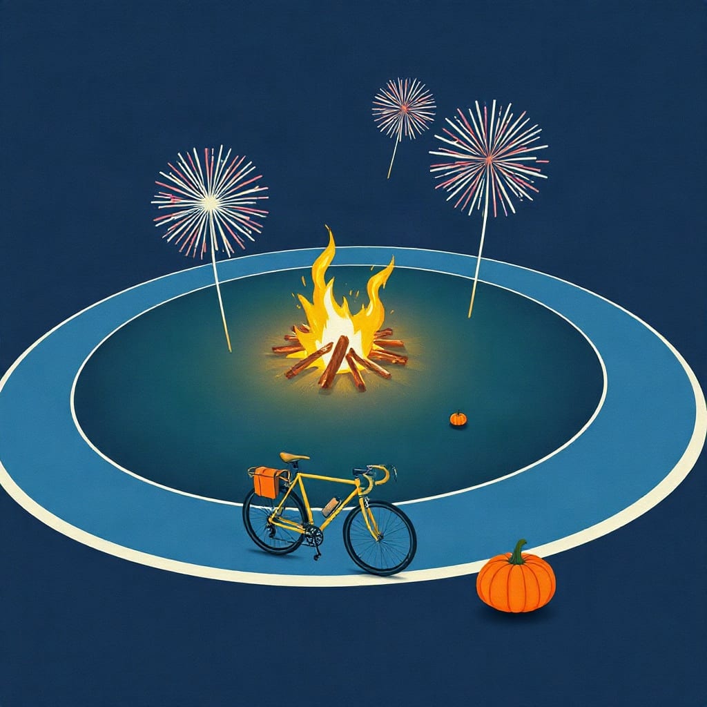 A banked oval cycle track at night with a bonfire burning in the middle, fireworks bursting above it, and a yellow racing bicycle and a pumpkin in the foreground