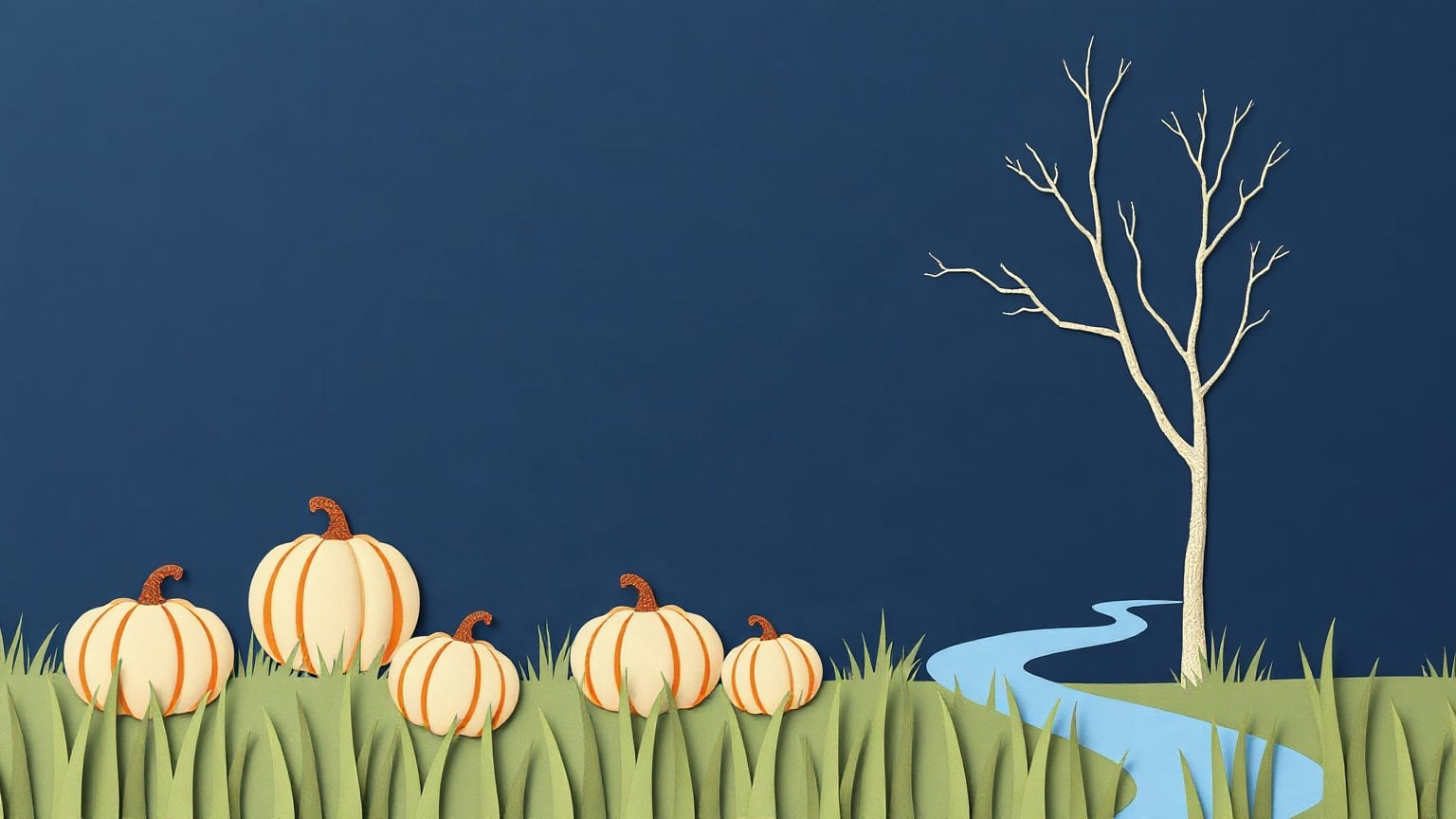 Five cut-paper pumpkins in a row on a band of green meadow grass, a bare pale tree and a winding pale blue stream to the right, against a deep navy sky