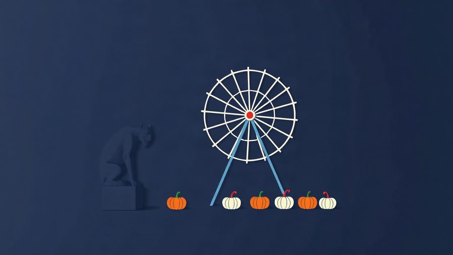 A white paper fairground wheel with a red hub, a crouching gargoyle on a plinth to its left and a row of small orange and cream pumpkins along the foot of the frame