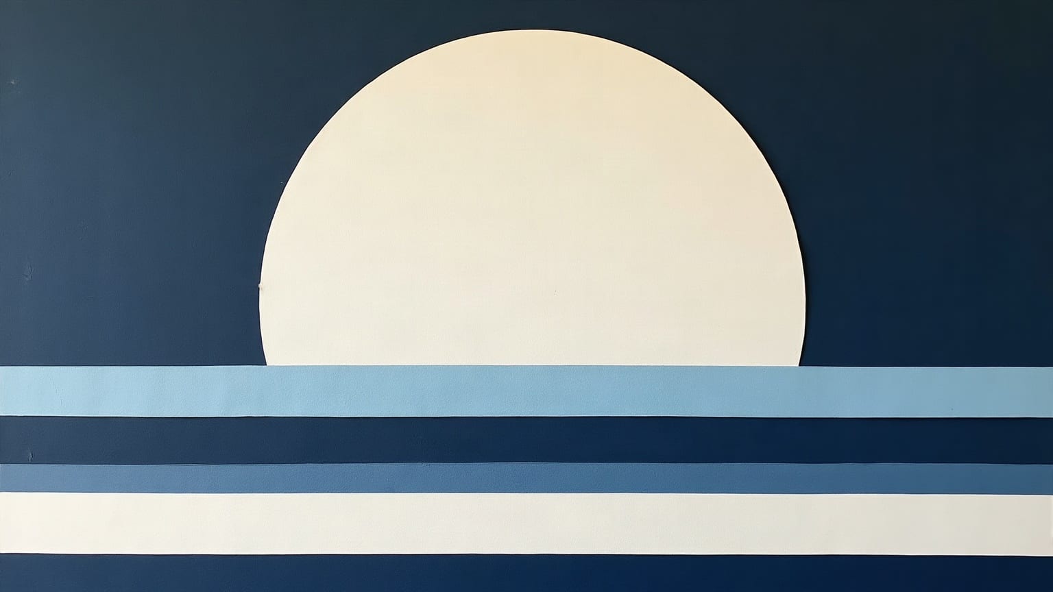 A large pale disc rising behind four horizontal bands on a deep navy ground