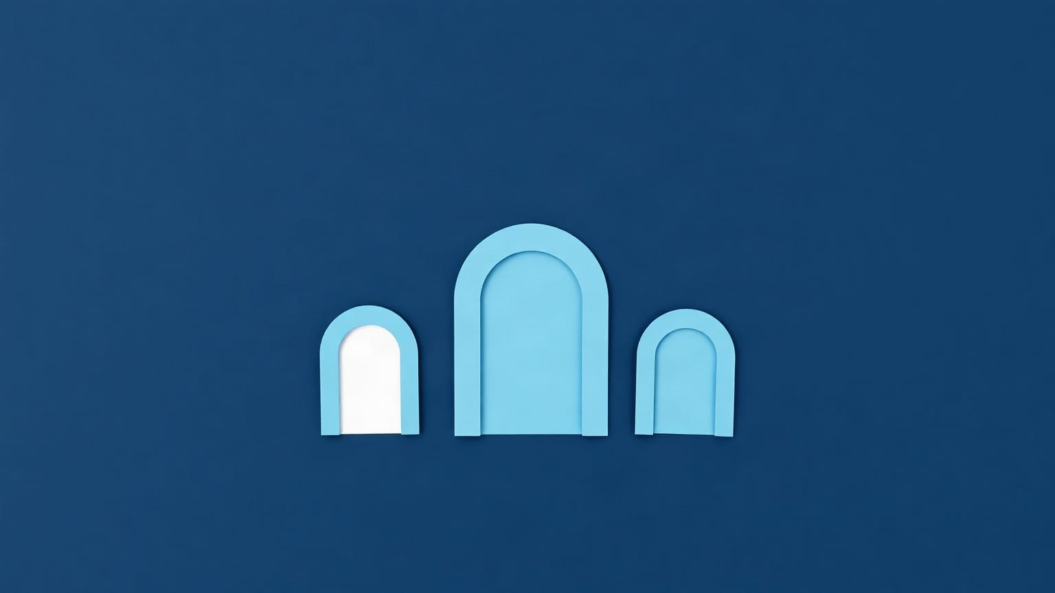 A cluster of small pale blue paper doorways of different heights on a deep navy ground, one lit chalk white