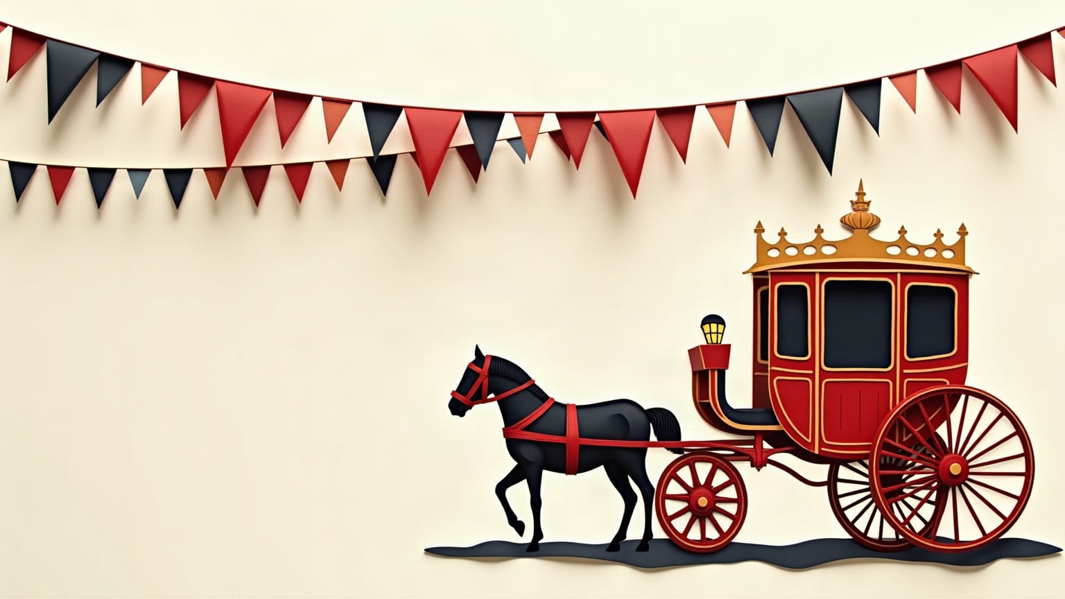 A red paper ceremonial coach beneath a line of bunting
