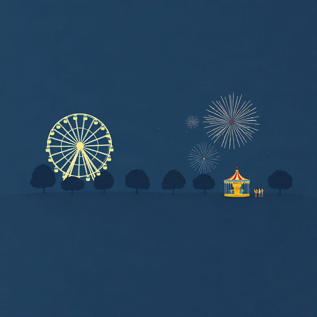 A lit observation wheel and a small carousel in a dark park, fireworks bursting above a line of trees and a few tiny figures on the grass