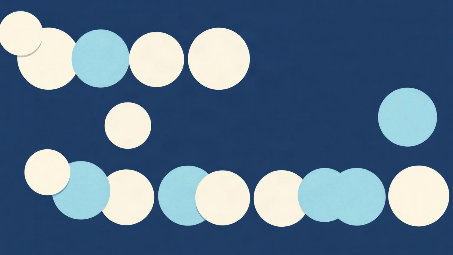 Nineteen small pale blue paper circles arranged loosely across a deep navy ground, two of them joined by a thin cream loop