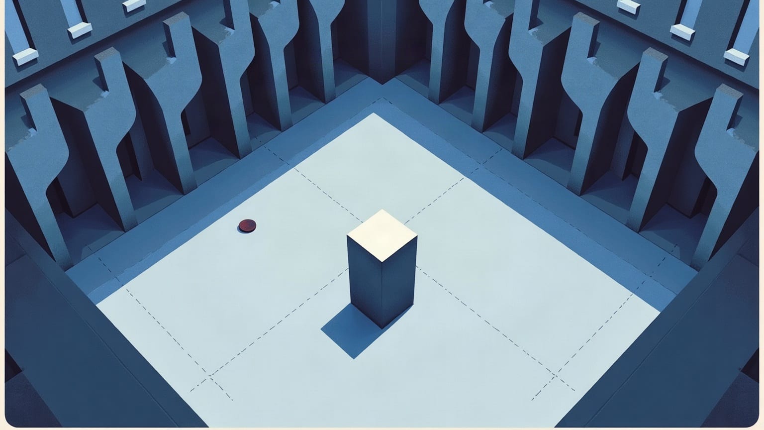 A large square courtyard of pale paving ringed by tall narrow window bands, with one small block standing at its centre