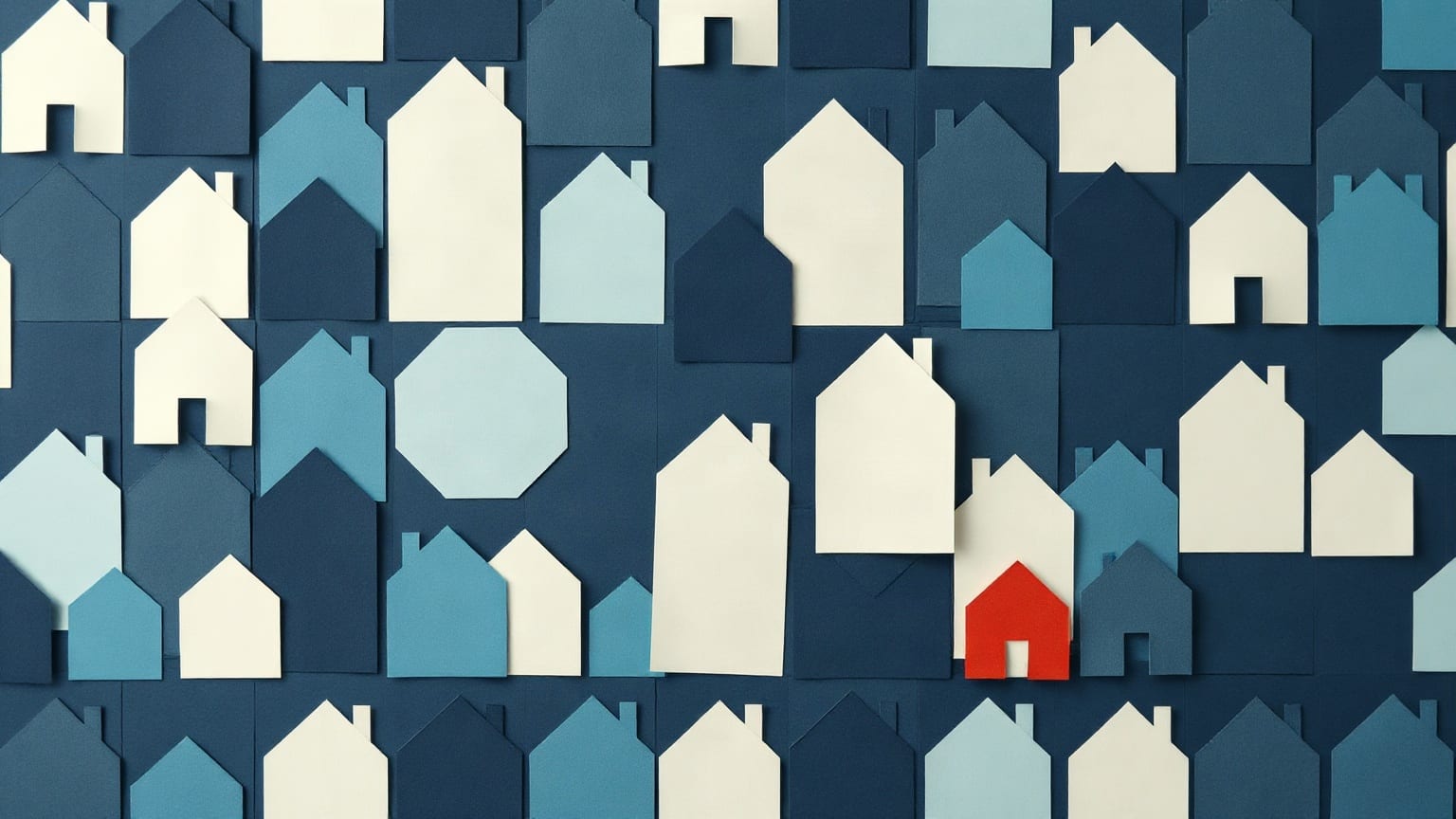A dense field of small paper house shapes in blues and cream, one red house with an open doorway