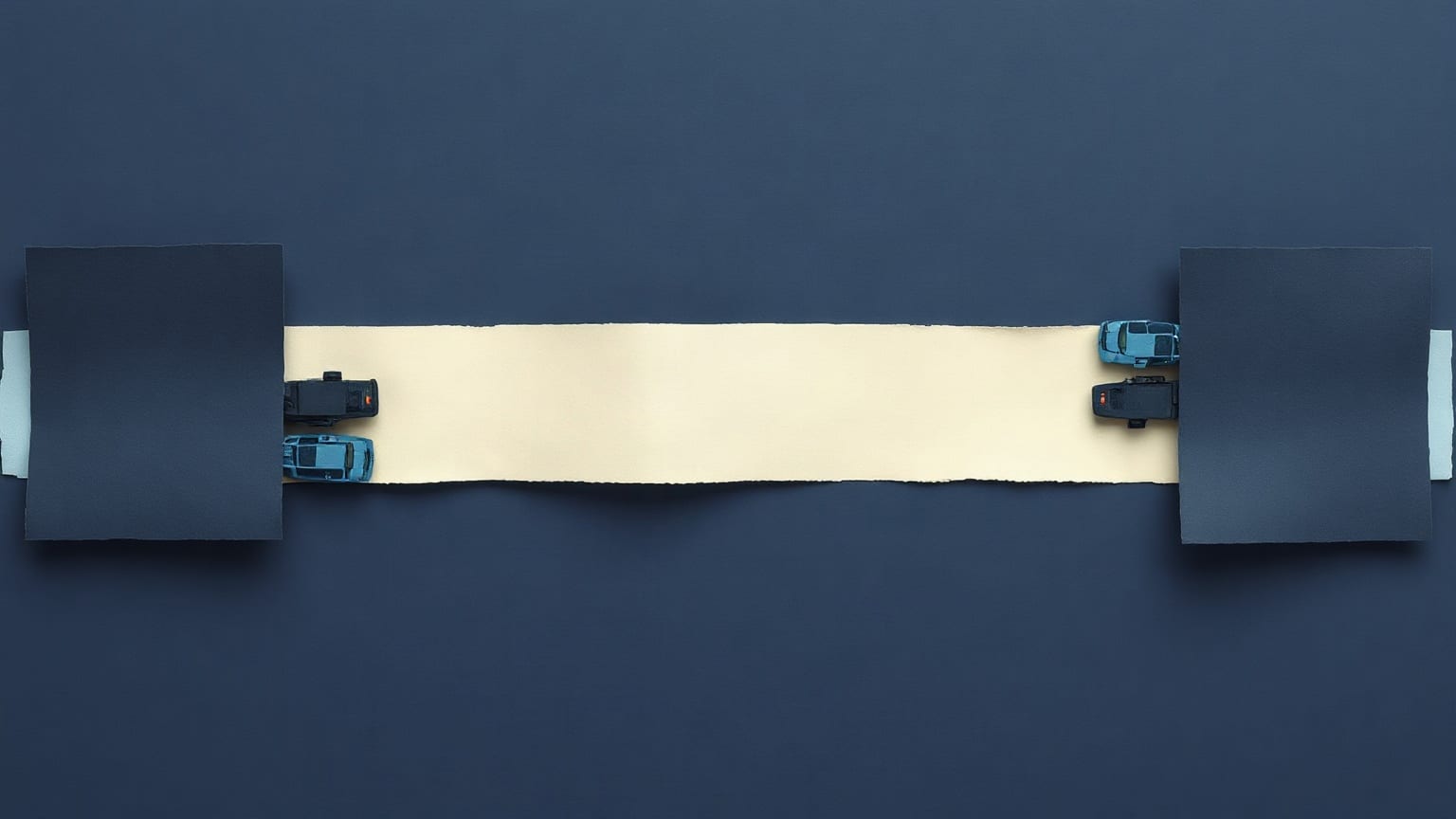 A long empty cream band between two dark blue blocks, with small vehicles held at either end