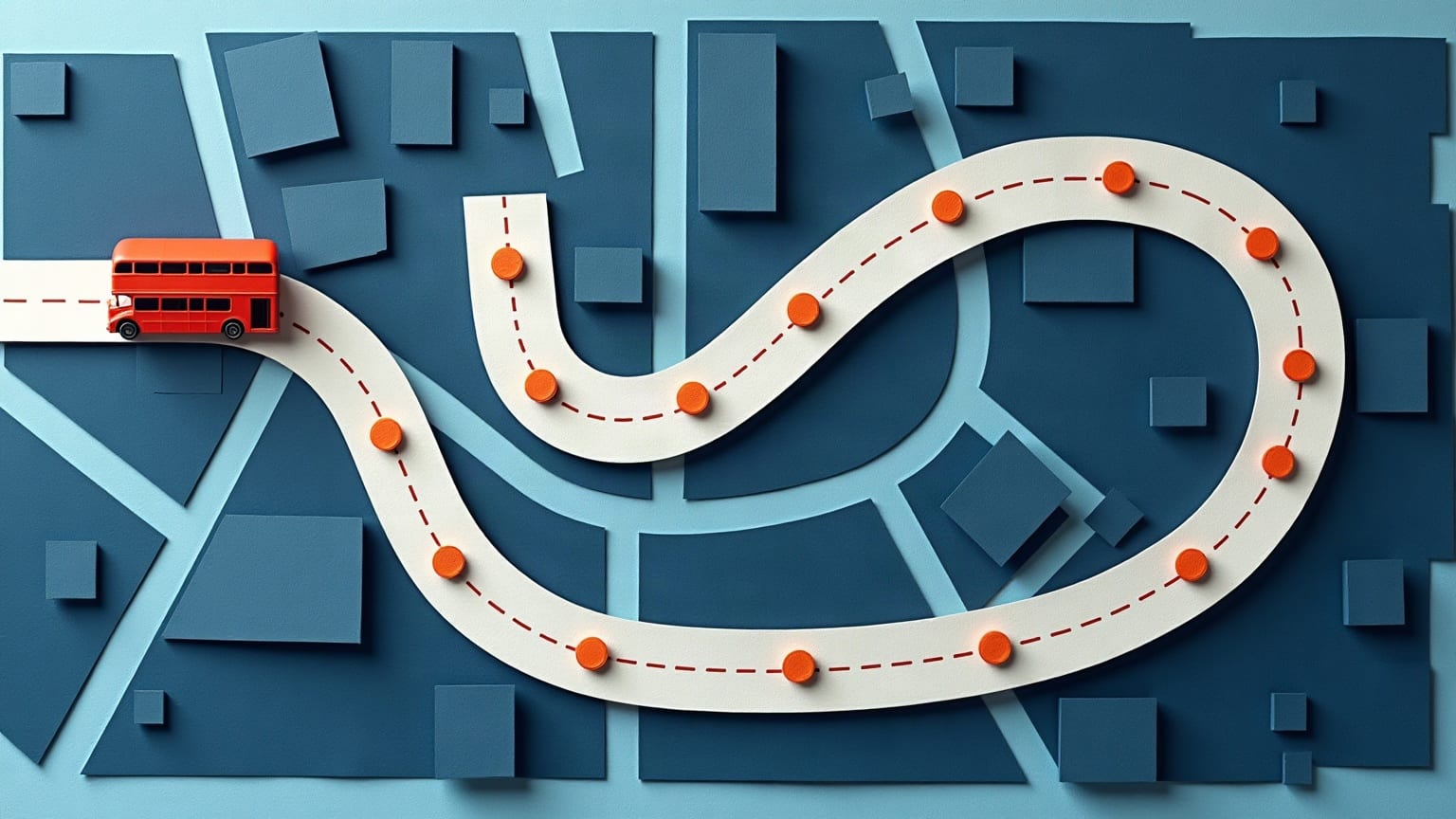 A looping bus route line threaded with stop markers, a double-decker at one end
