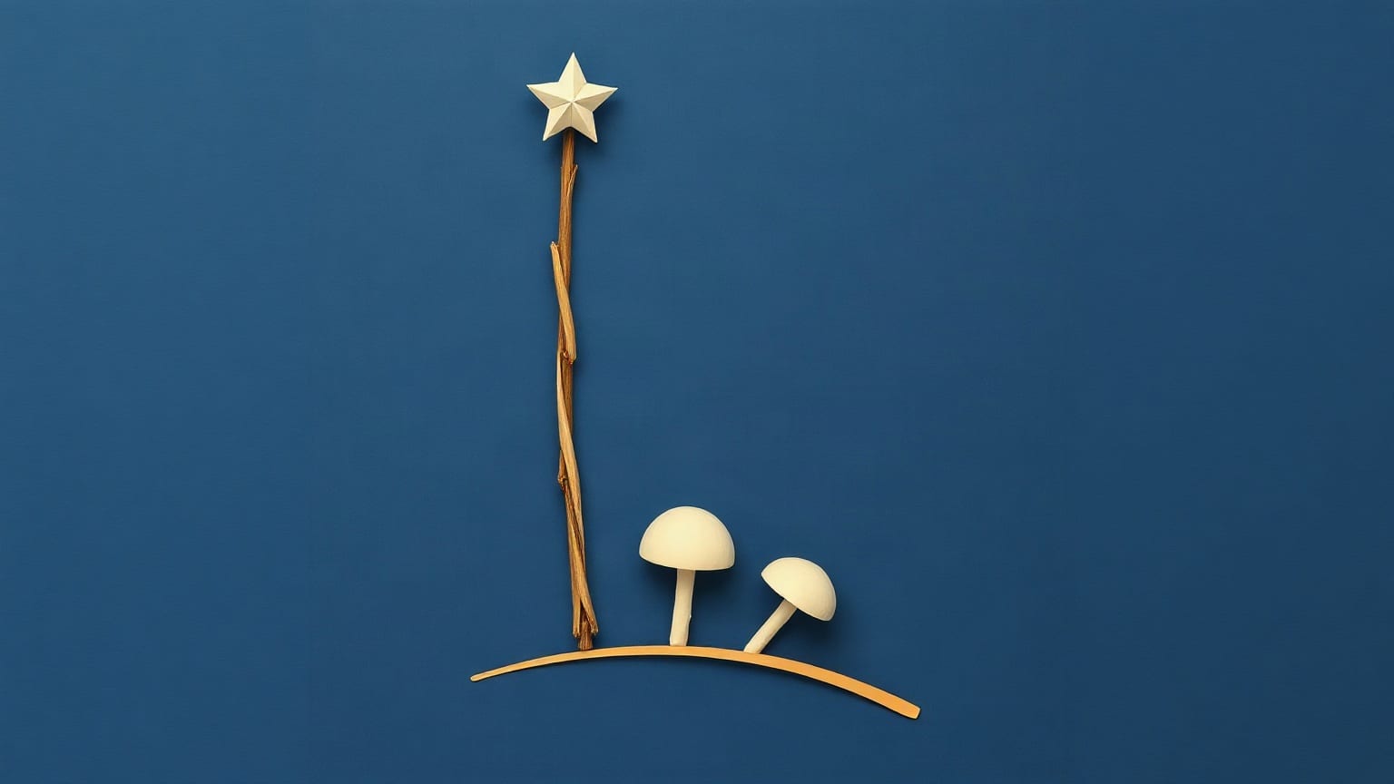 A slender willow wand with a pale folded star at its tip, standing on a curved gold line beside two cream mushroom caps, on deep blue