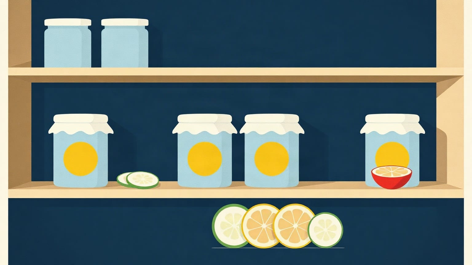 Rows of paper preserving jars on shelves with cut citrus discs