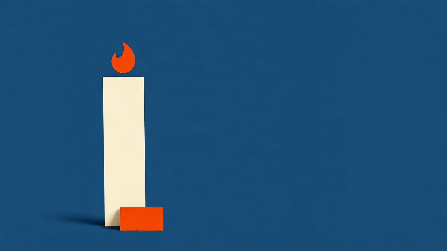 A tall narrow cream paper column on a deep navy ground, a small orange-red flame shape floating above it and a low orange-red block standing at its foot