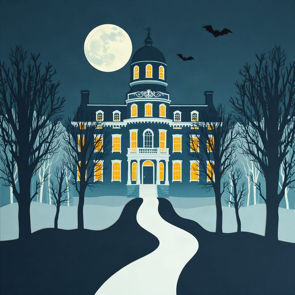 A Victorian mansion with a dome and rows of lit windows behind bare trees, a full moon and two bats above it and a pale path winding up to its door
