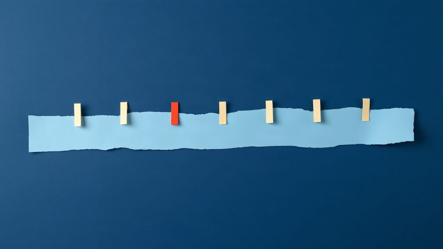 A torn pale blue paper band across a deep navy ground with small cream markers standing along it, one of them red