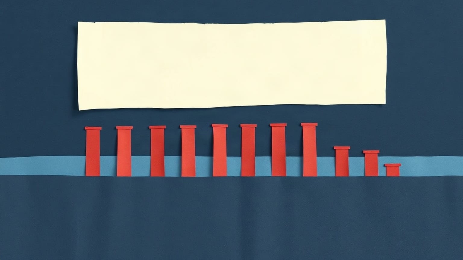 A row of stubby red paper columns standing in a band of blue water below a large cream sheet