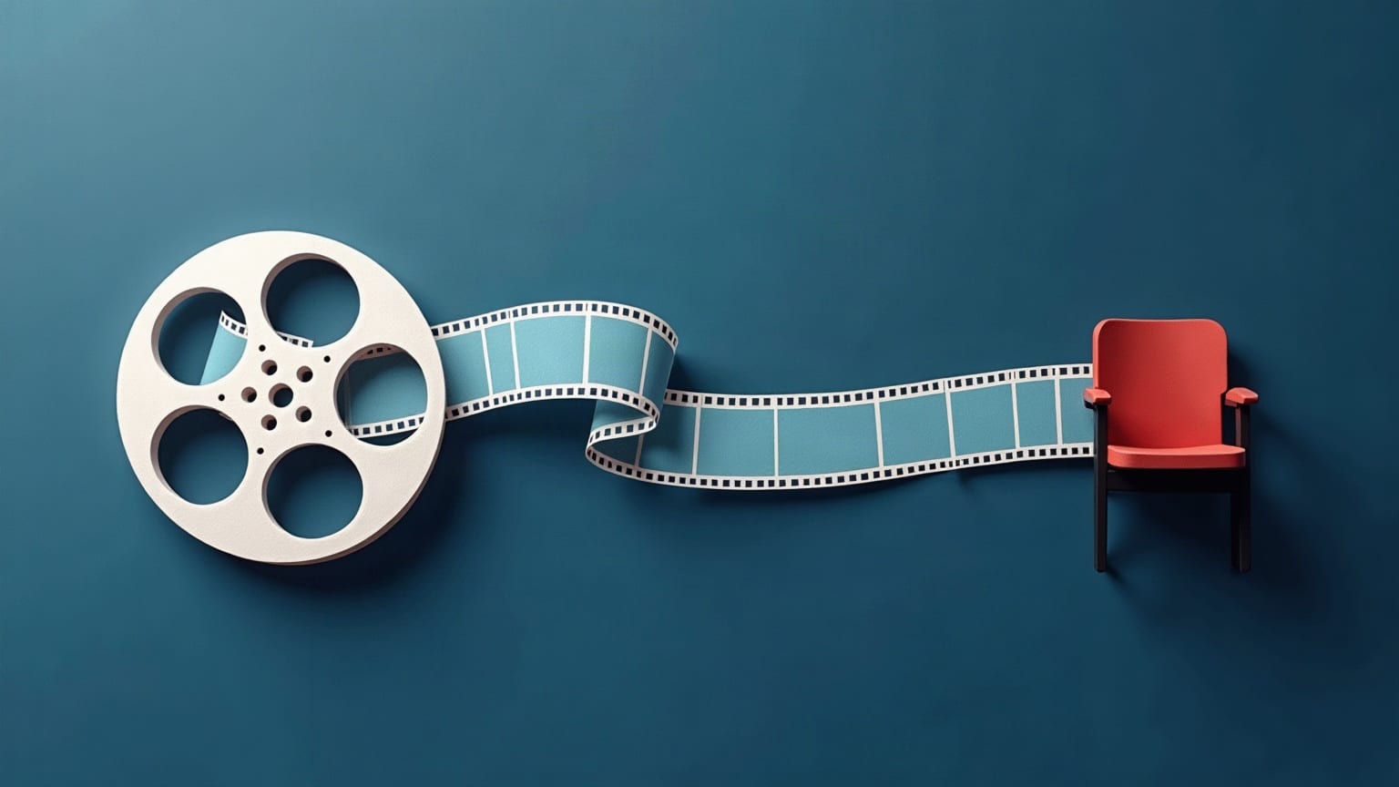 A paper reel of film unspooling far past the edge of a small cinema seat
