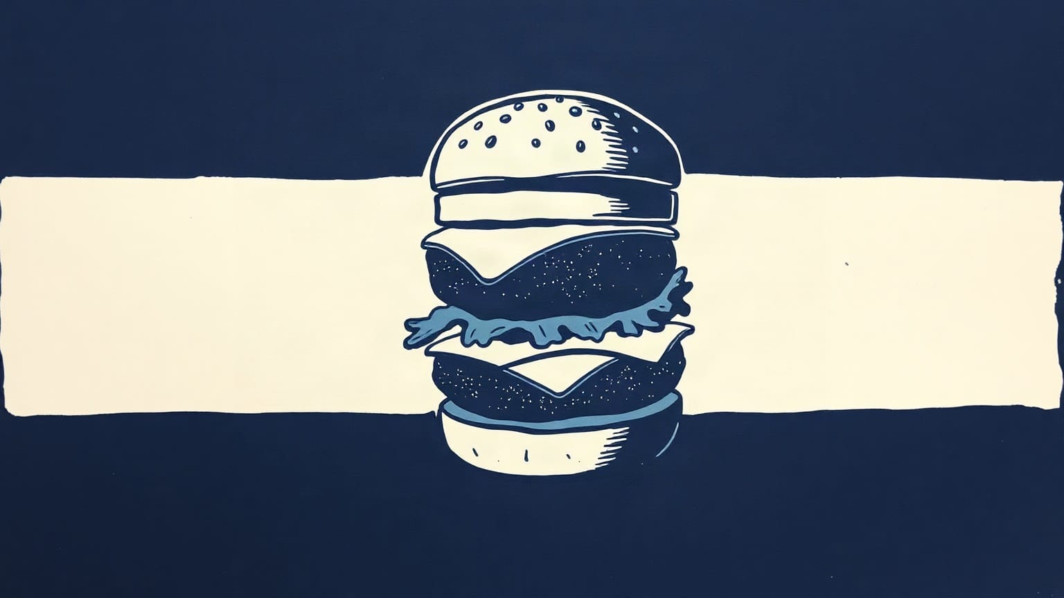 A tall stacked burger printed in navy and cream across a pale band